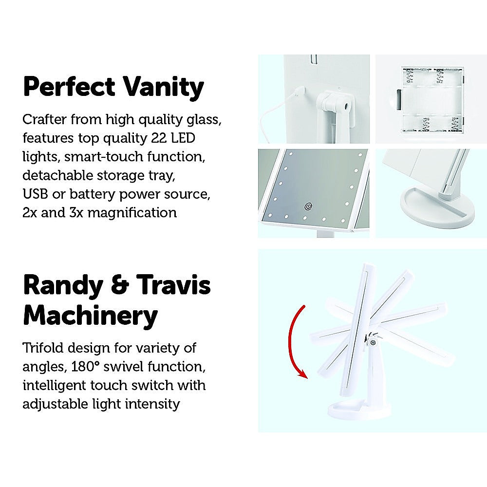 Makeup Mirror With LED Light Tri-Fold Touch for Perfect Beauty